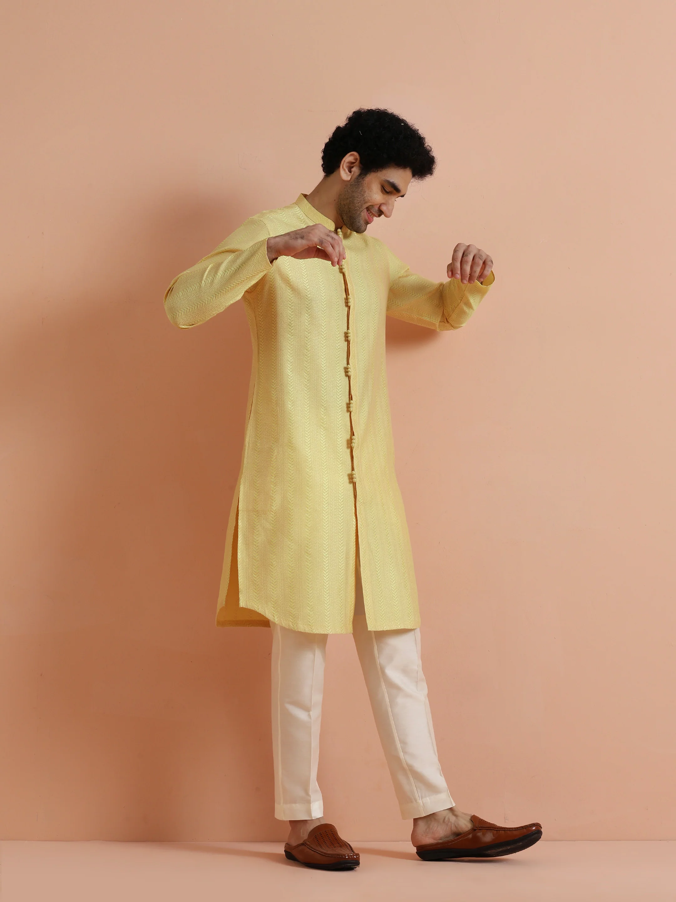 Yellow Textured Kurta Trouser Set - Image 2