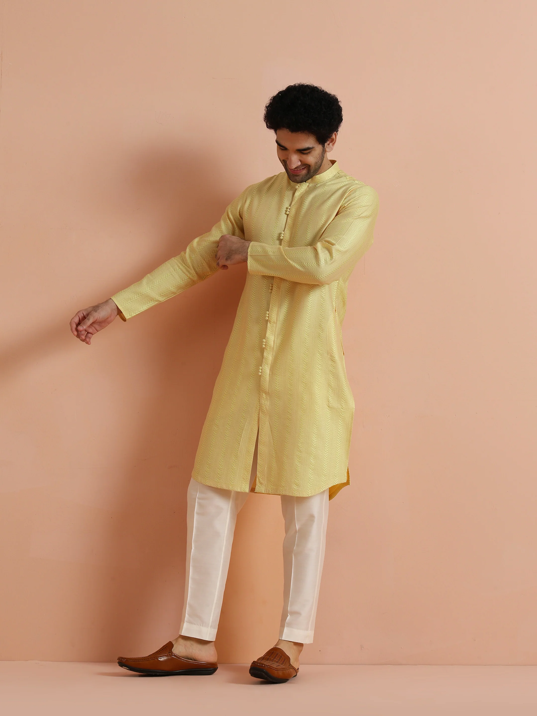 Yellow Textured Kurta Trouser Set - Image 3