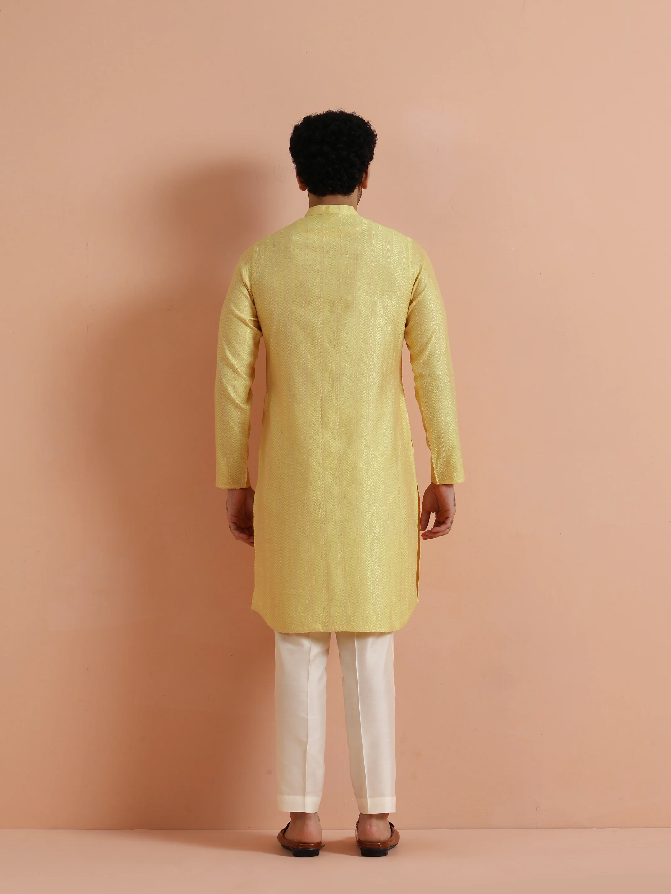 Yellow Textured Kurta Trouser Set - Image 4