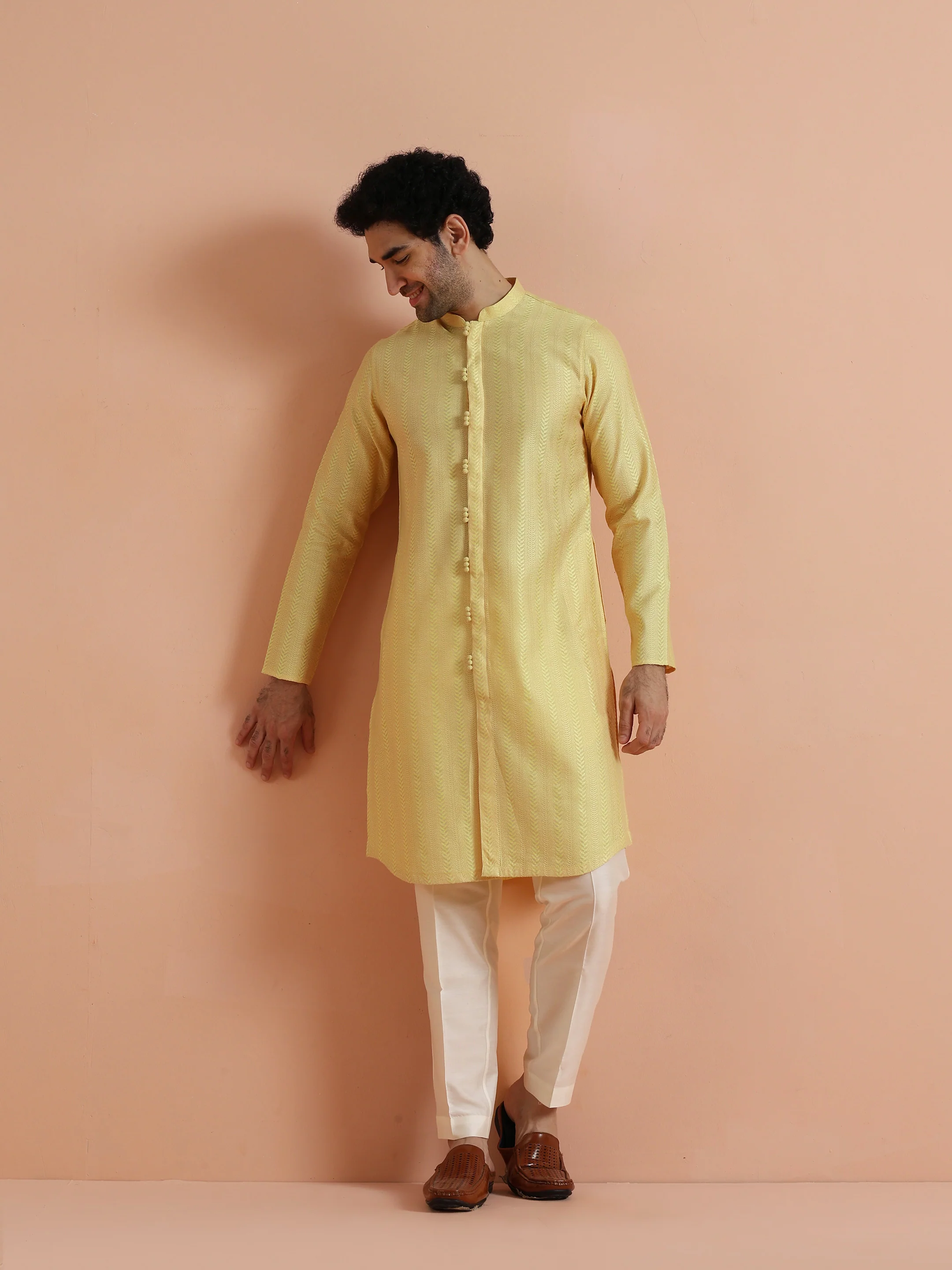 Yellow Textured Kurta Trouser Set - Image 8