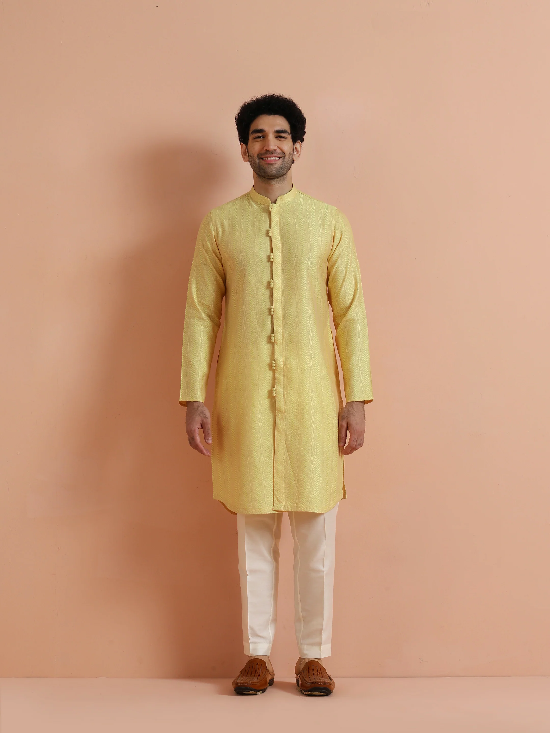 Yellow Textured Kurta Trouser Set - Image 9